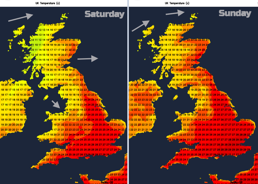 Temperature maps for saturday and sunday