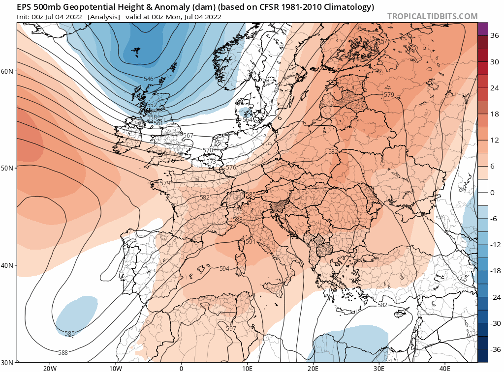 EPS 500 hPa height anomalies shows upper level ridge building east across the UK and hanging around over the next 10 days