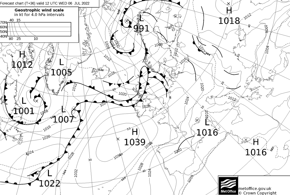 Met Office Fax chart for Wednesday showing fronts moving over the top of the high pressure