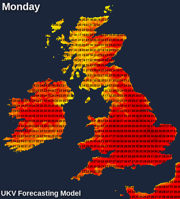 Temperatures on Monday forecast by the UKV model