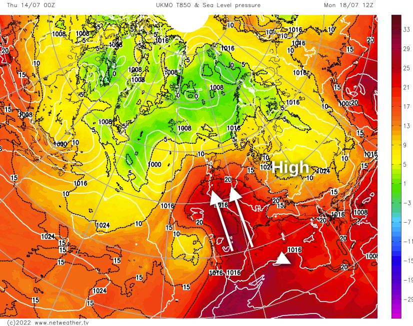 Heat being drawn up from the continent this weekend and into next week