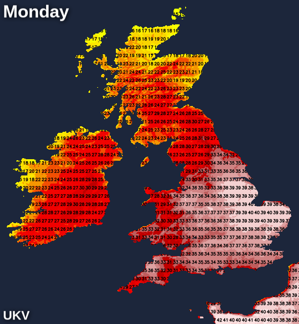 UKV map showing the forecast temperatures on Monday afternoon