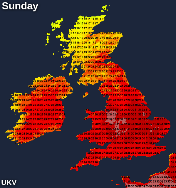 UKV map showing the temperature forecast for Sunday afternoon