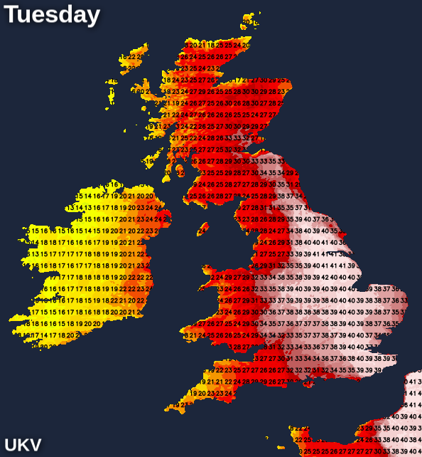 UKV map showing the forecast temperatures on Tuesday afternoon
