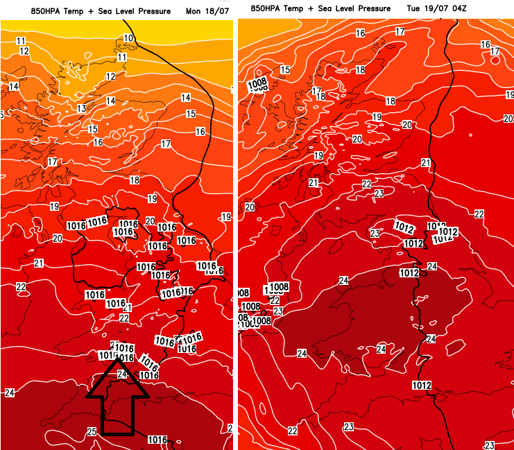 Very warm air moving up from south