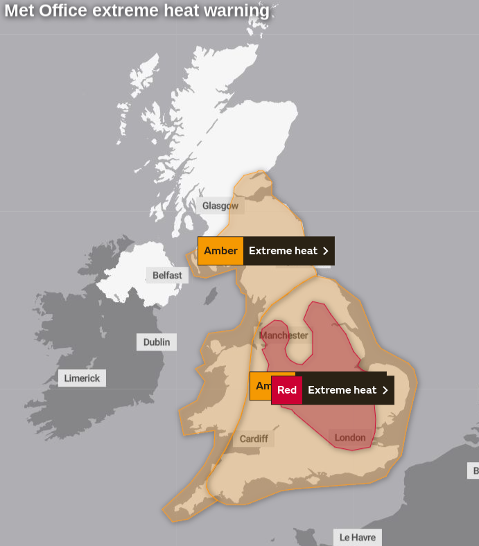 Extreme heat warning issued by the Met Office covering Sunday to Tuesday this week
