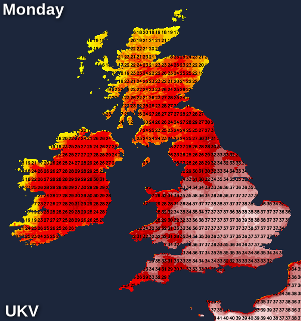 Temperature map for Monday afternoon