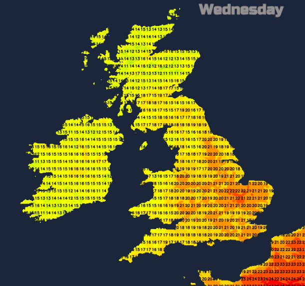 UK weather temperatures 16 to 22C Weds