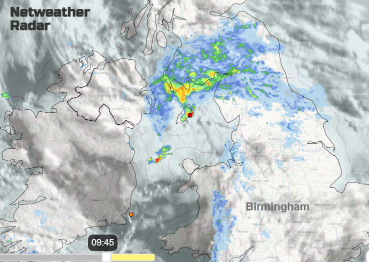 UK weather rain around Irish Sea, dry for Birmingham