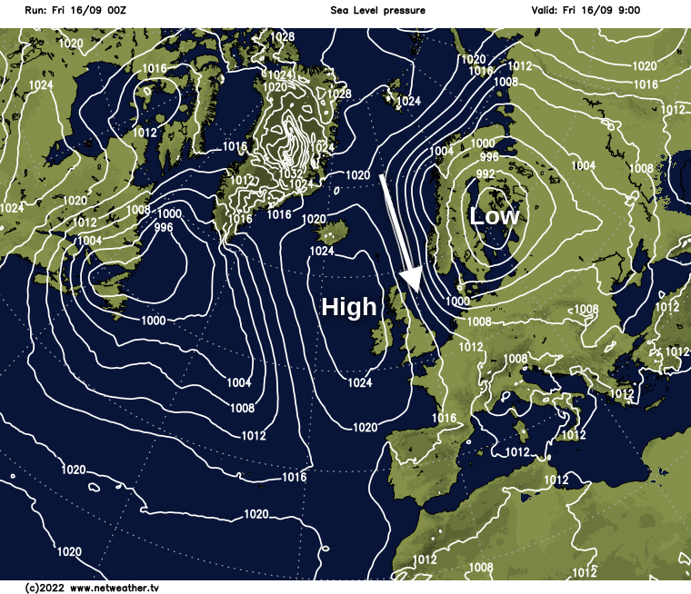 Pressure map on Friday morning - showing low pressure to the northeast and high pressure to the west of the British Isles