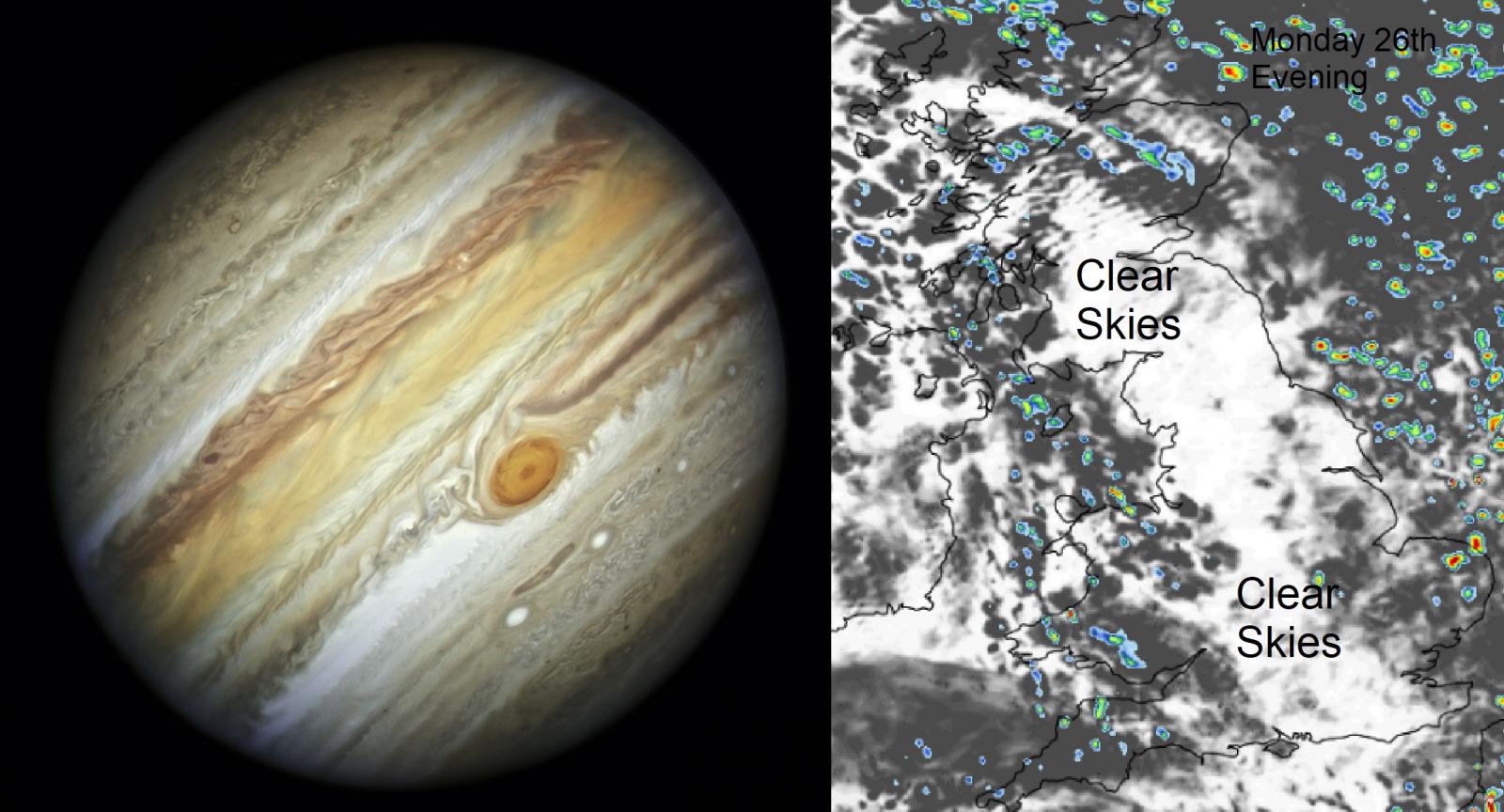 Jupiter viewing UK weather - clear skies with just a scattering of showers tonight