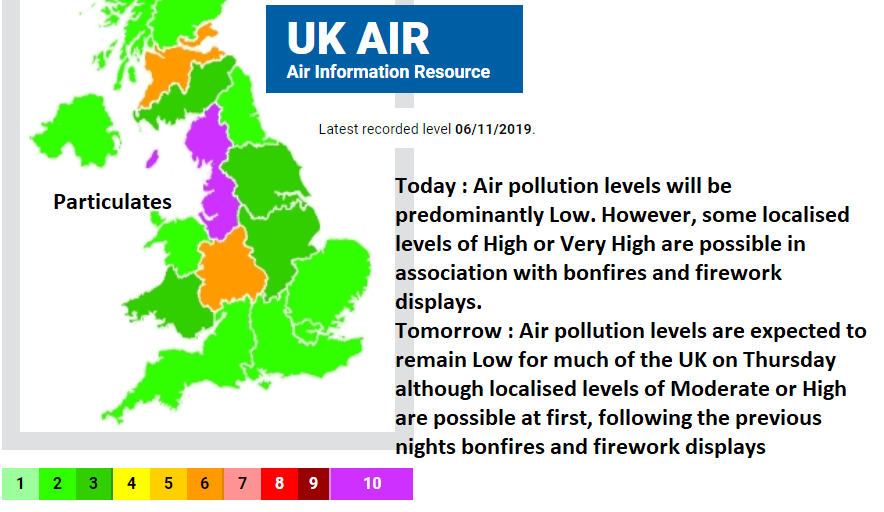 Air quality and pollution bonfire night UK