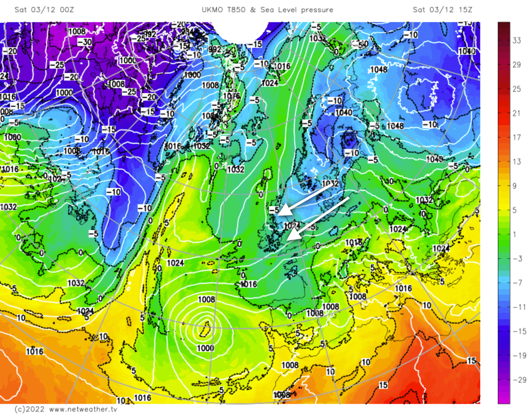 Easterly winds over the UK this weekend