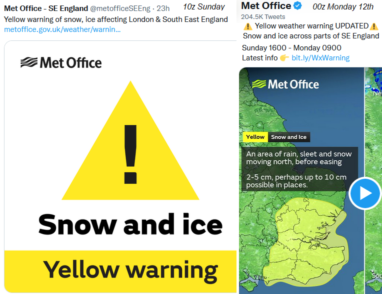 Yellow warning snow London and SE Sunday 11th
