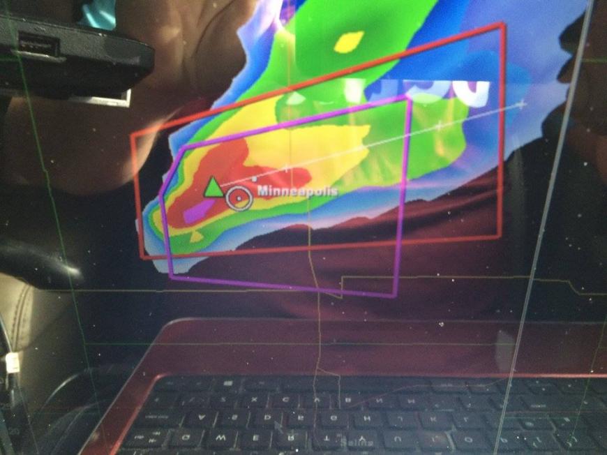 Our Position is the White Circle, the Purple Box denotes the Supercell is Tornado Warned.