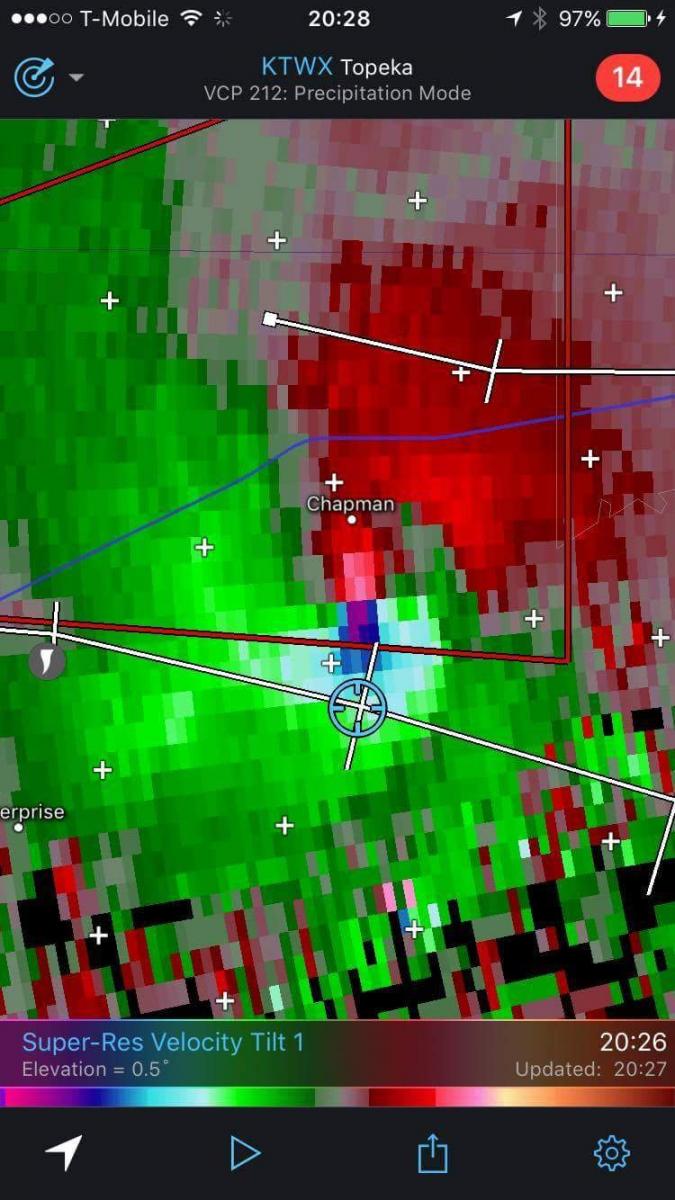 Our Position shown as the Blue Circle with the Violent EF4 Tornado to our North.