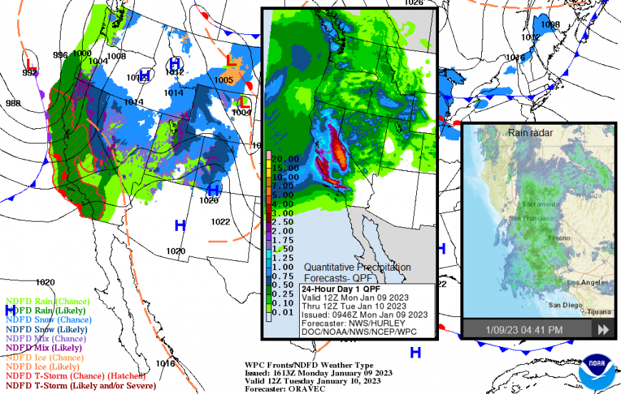 California rain and wind atmopsheric river