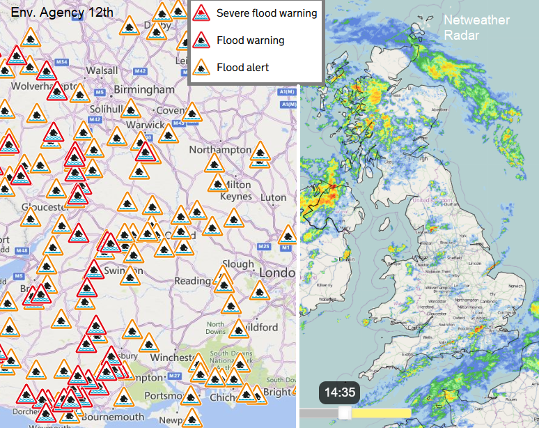 Rainfall radar and flood warnings from Environment Agency