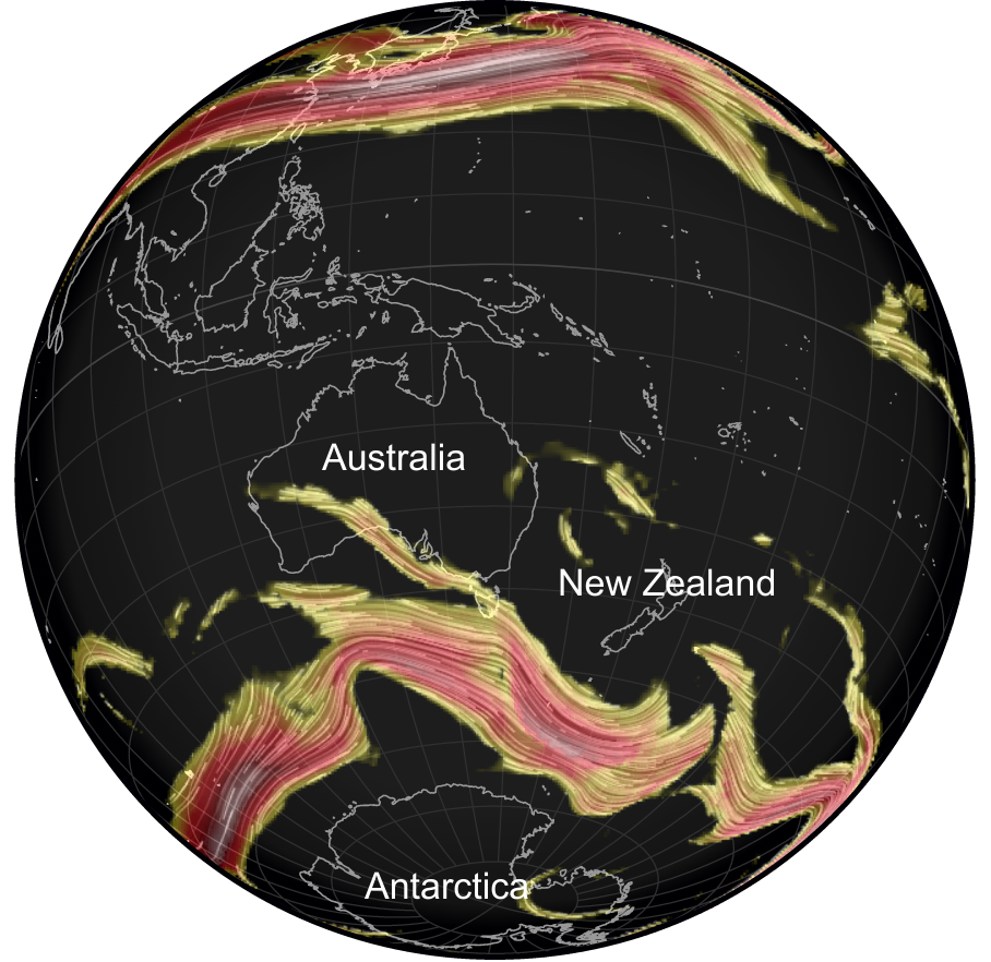 Jet stream in the southern hemisphere - to the south of New Zealand and close to Antarctica