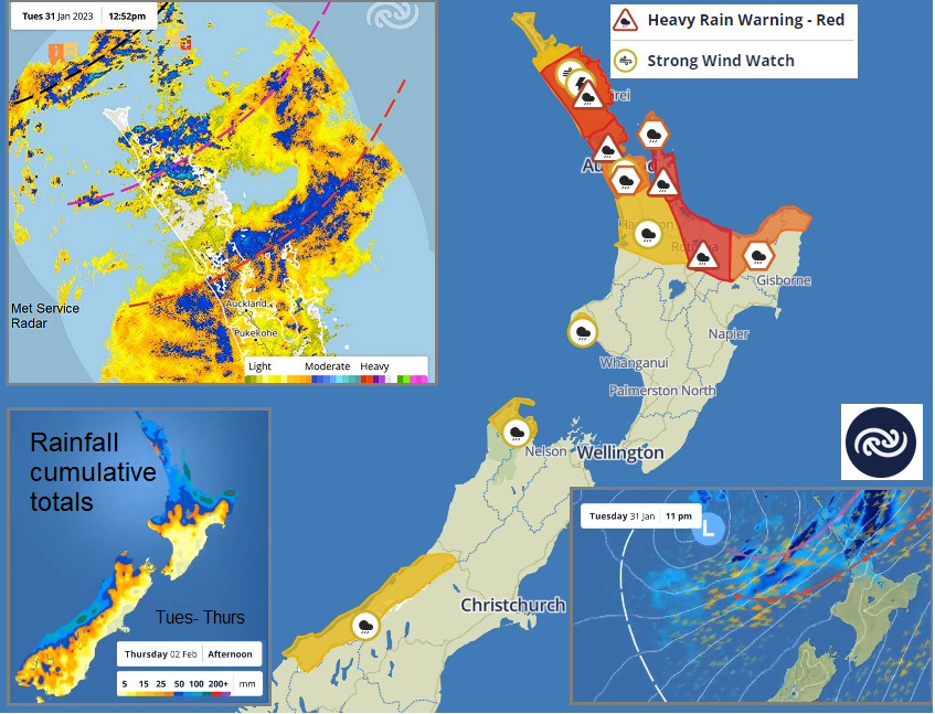 New Zealand rain radar and red warnings Flooding
