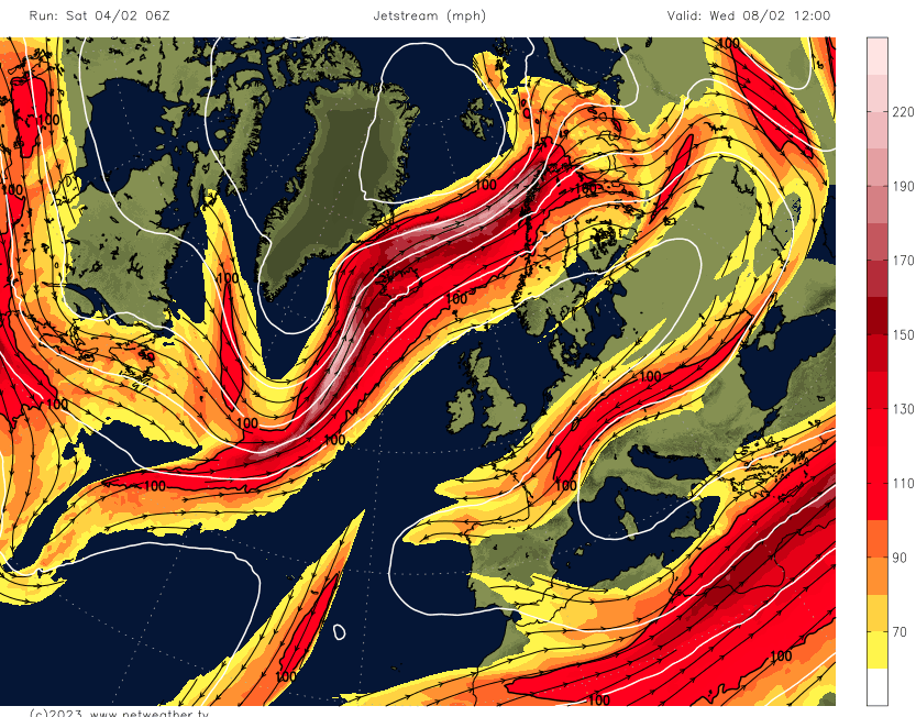Jet stream to the north of the UK next week