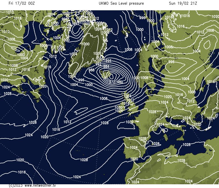 Low pressure moving between Scotland and Iceland on Sunday evening