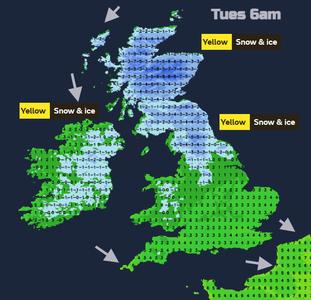 snow and ice warnings with sub zero temps UK