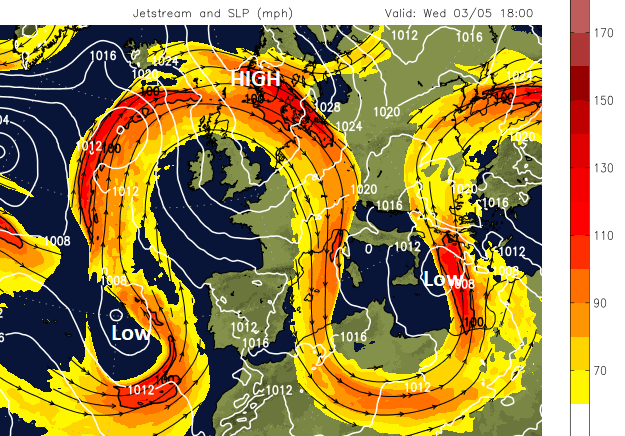 Meridonal jet stream with buckle meander