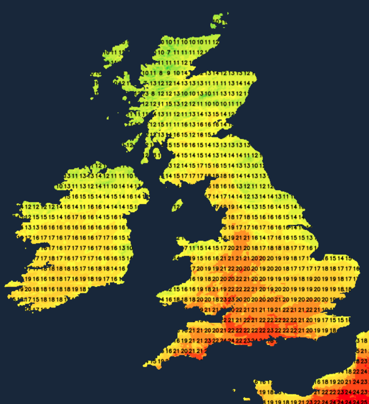 Temperature map for Sunday afternoon