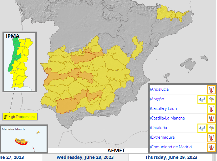 Gran calor para España, Portugal y Madeira.  Tormentas sobre Europa continental