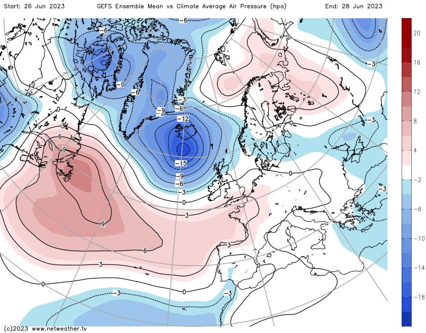 Pressure anomaly map for the start of next week showing low pressure playing more of a role in the UK's weather