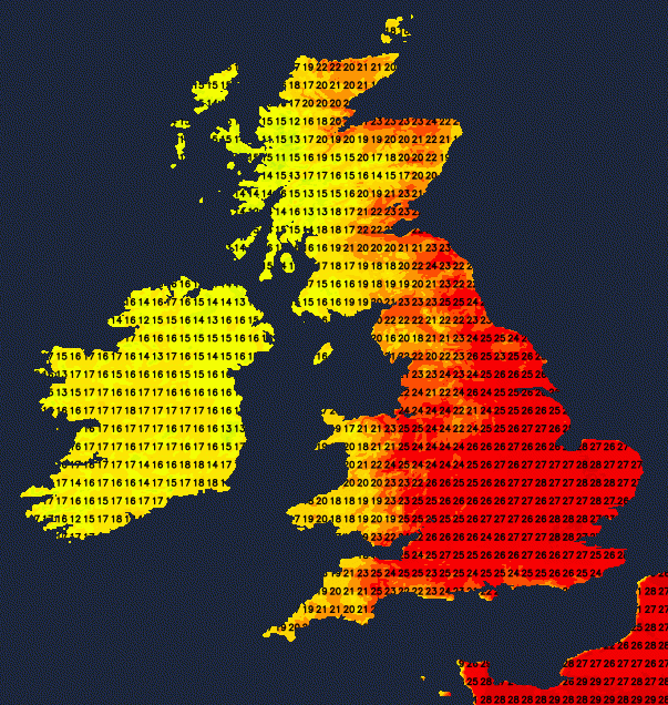 Temperature animation for Sunday