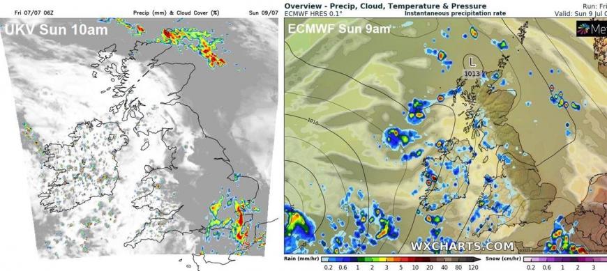 Comparing the ecmwf and ukv for Sunday morning