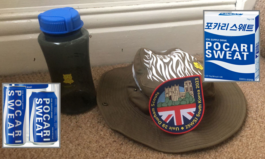 Packing for the World Scout jamboree, hat and water bottle