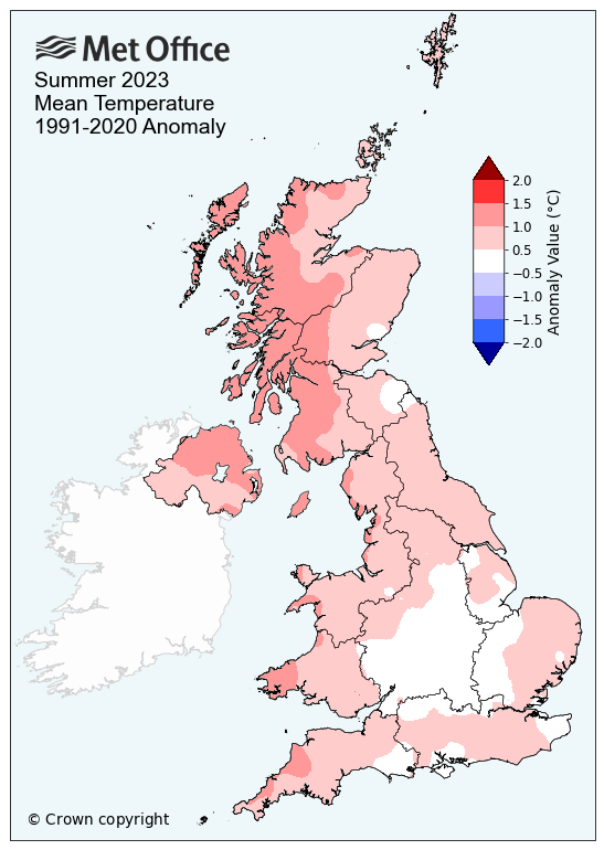 Average temperature anomaly for summer 2023