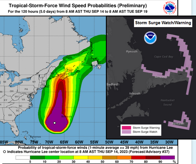 Hurricane Lee winds and storm surge