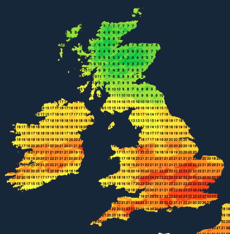 Temperatures on Saturday afternoon