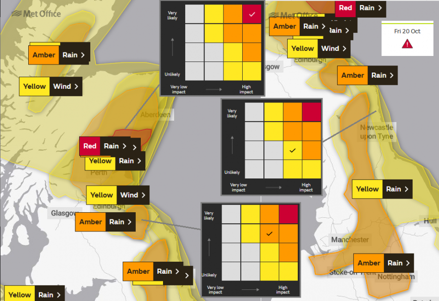 red amber yellow warnings rain and wind Babet