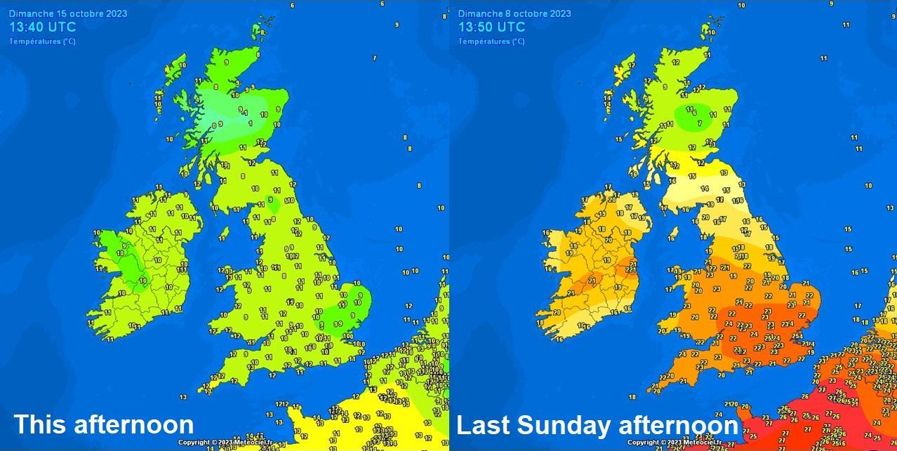 Temperature maps comparing last and this weekend