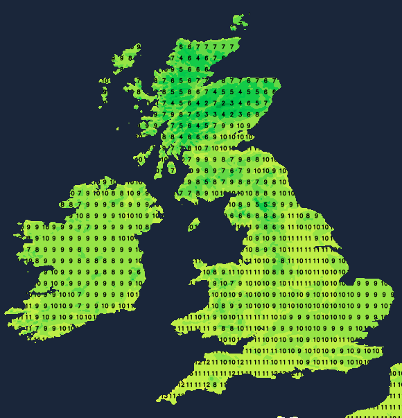 Temperatures on Sunday afternoon