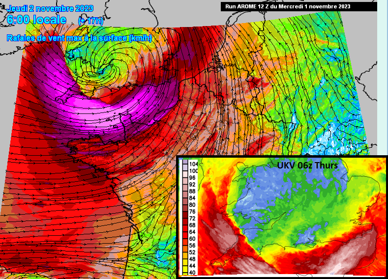 Storm Ciaran wind gusts Channel ISlands , France Cornwall