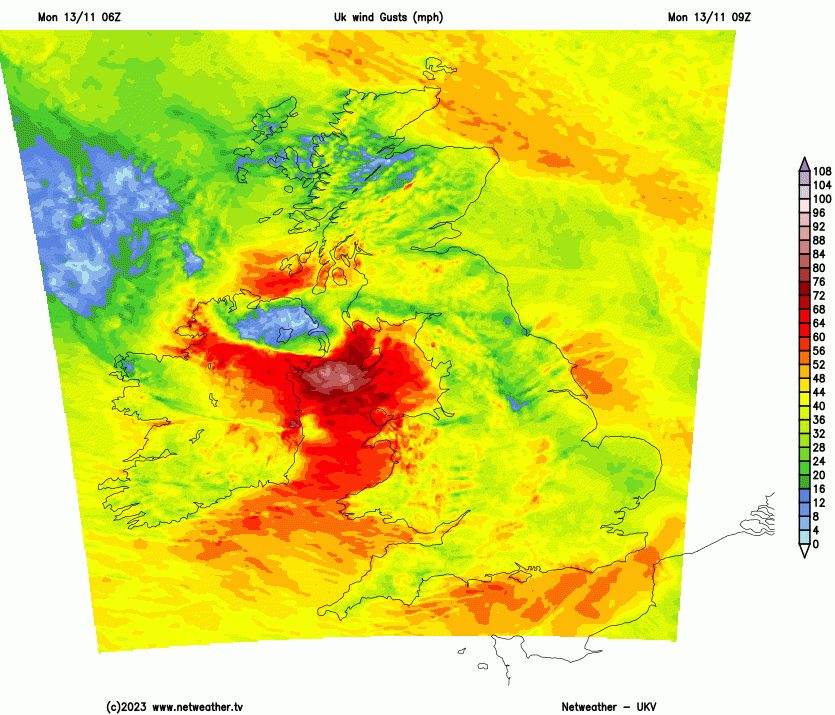 Animation of the wind gusts from Storm Debi