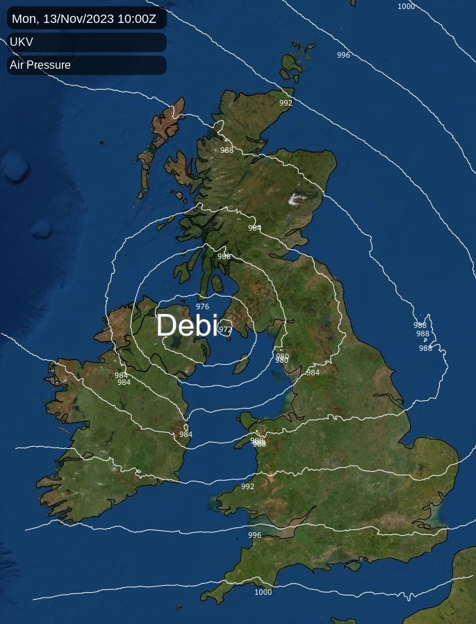 Storm Debi air pressure map