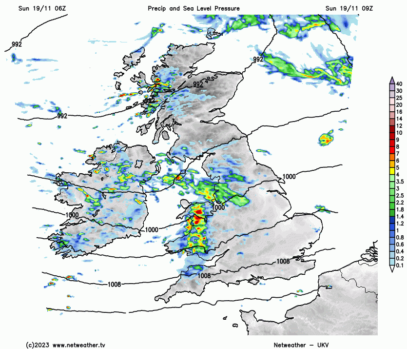 Animation of the air pressure and precipitation on Sunday