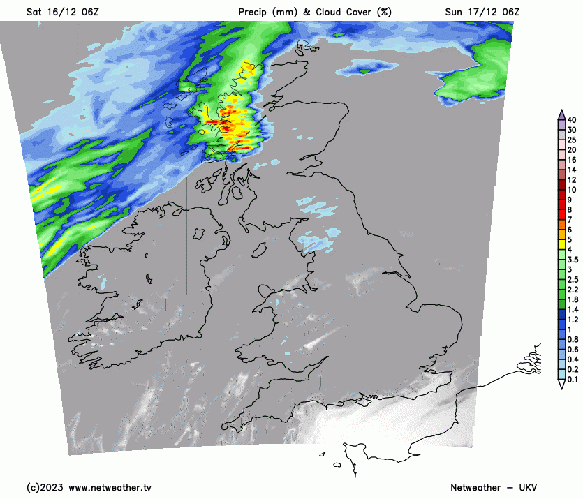 Rain and cloud animation map for Sunday