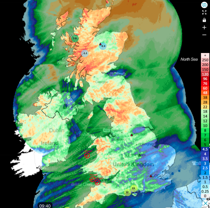 Rainfall totals over the last 24 hours