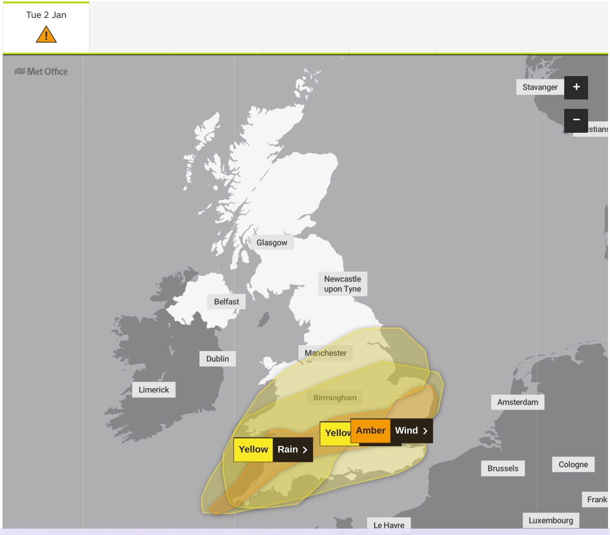 Met Office warnings for Tuesday 2nd January