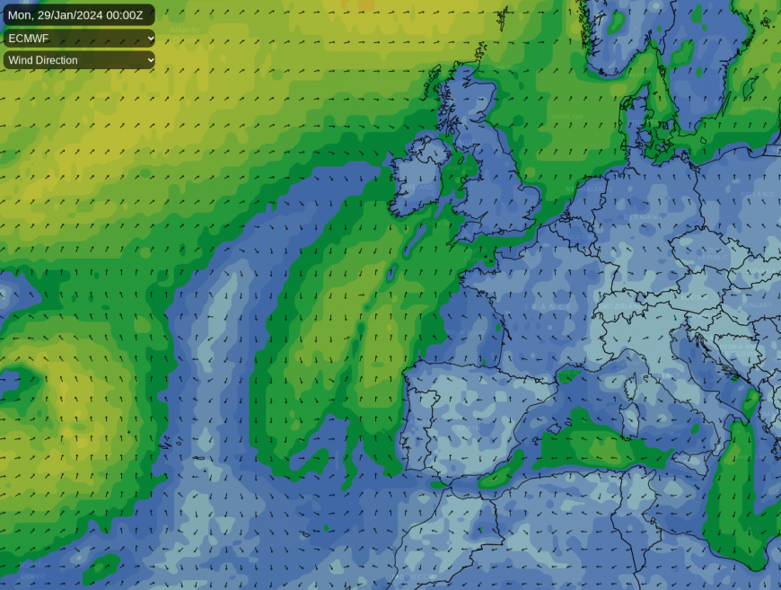 Map showing the winds coming up from a long way south