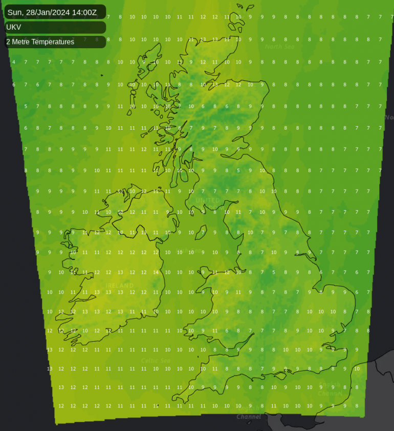 Temperature map for Sunday afternoon