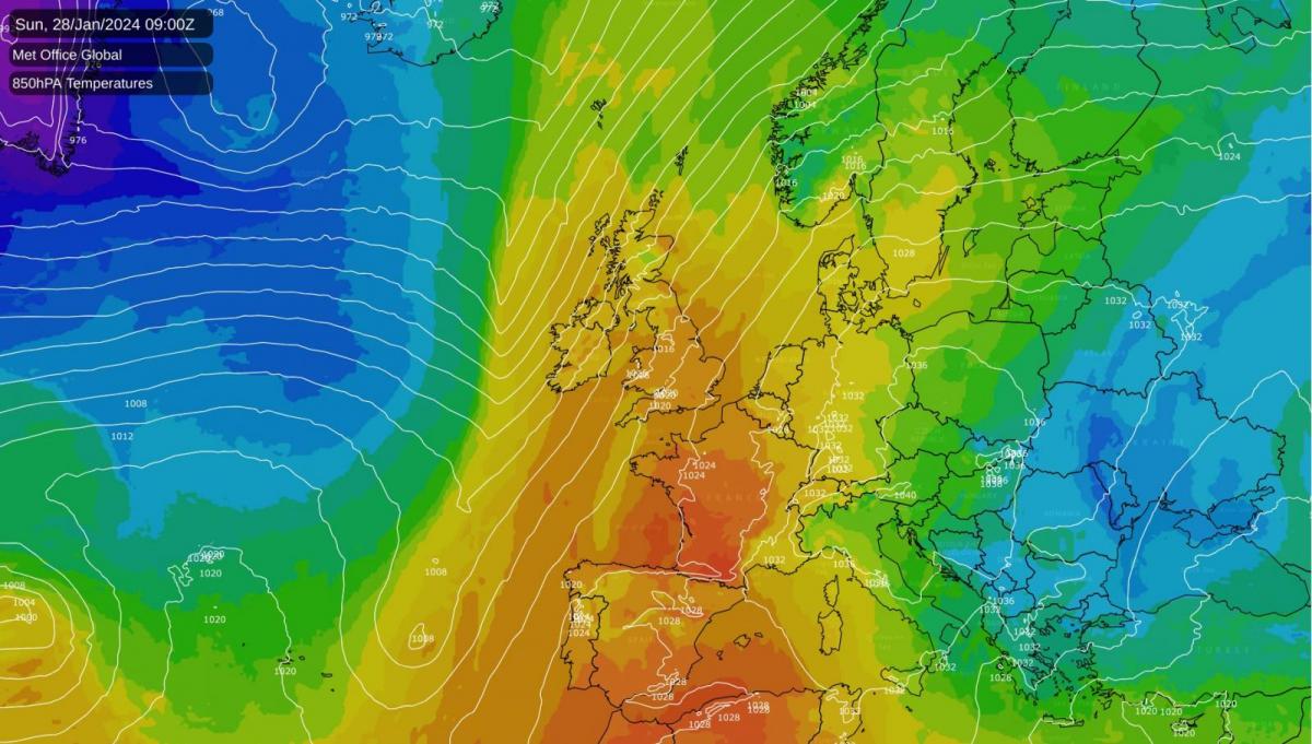 Southerly winds bringing very mild air as a cold front approaches from the northwest